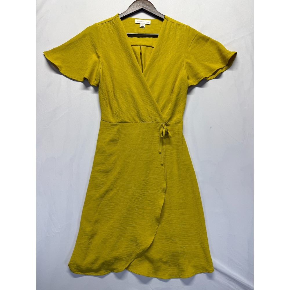 Monteau Los Angeles Wrap Dress Women Medium Mustard Yellow Flutter Sleeve V Neck